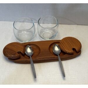 Dolphin‎ Vintage Teakwood Glass Condiment Set 2 Jars Lids Spoons Tray MCM